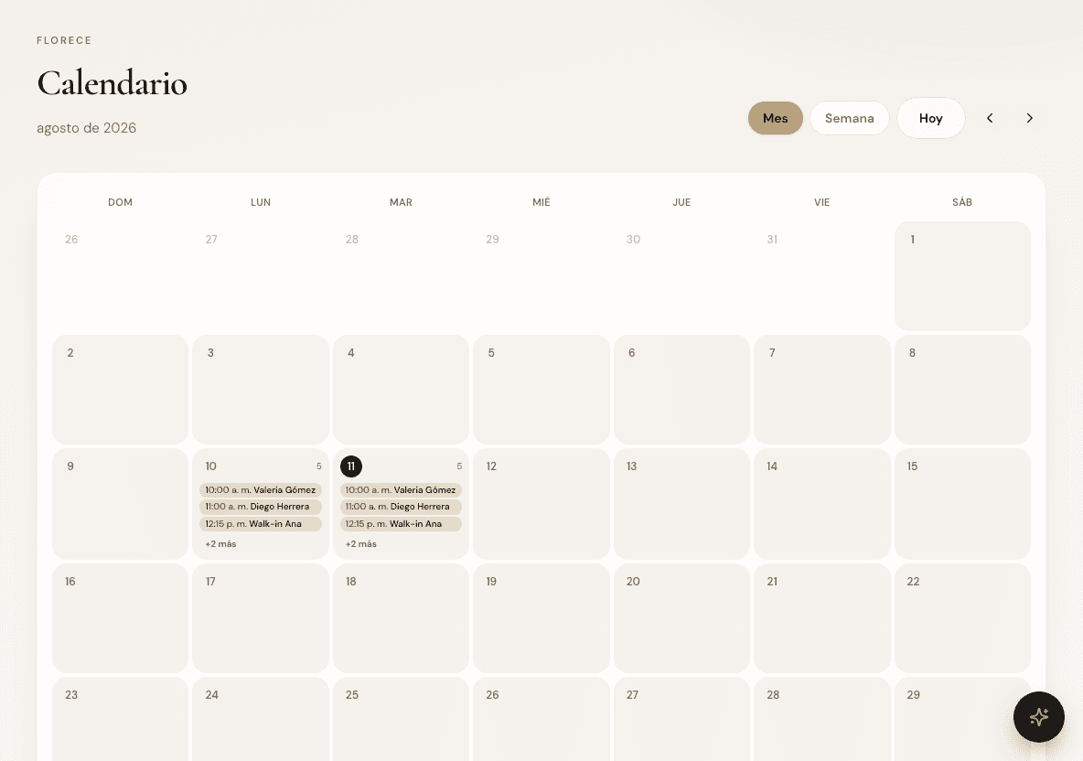 Calendario de citas en Florece — vista mes con turnos del día